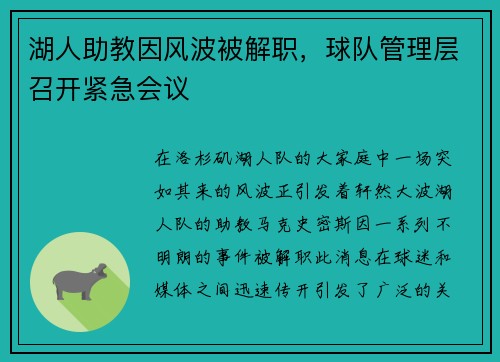 湖人助教因风波被解职，球队管理层召开紧急会议