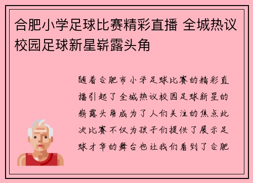合肥小学足球比赛精彩直播 全城热议校园足球新星崭露头角